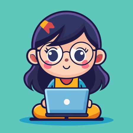 Adorable Young Girl Concentrating on Laptop Work with a Cute Cartoon Expressionのイラスト素材