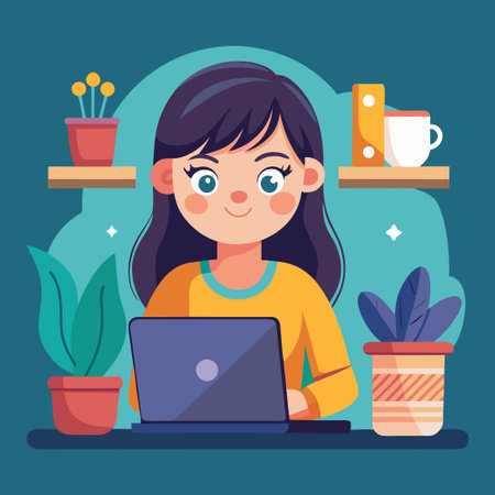 Cute Girl Hard at Work on Her Laptop Enjoying a Cup of Coffeeのイラスト素材
