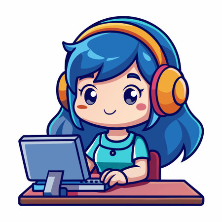 Cartoon Illustration of a Cute Gamer Girl Playing on a Computerのイラスト素材