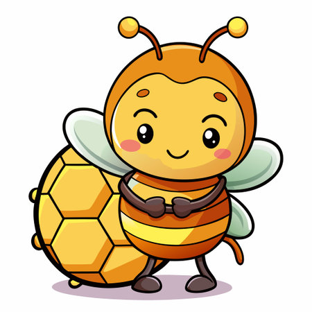 Adorable Honey Bee Embracing Honeycomb in a Cartoonish Illustrationのイラスト素材