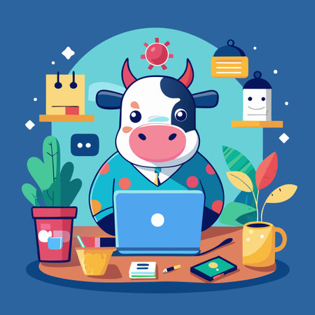 Bovine Business: Cow Diligently Works on Laptop in Digital Ageのイラスト素材