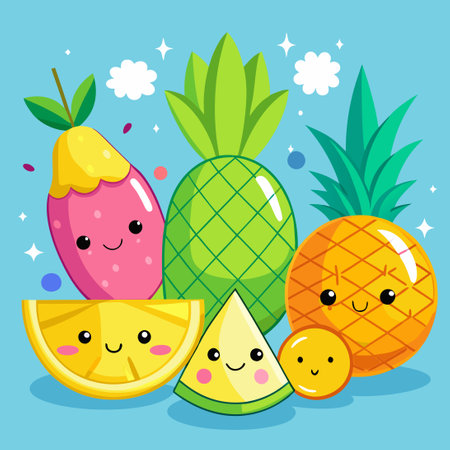 Adorable Cartoon Vector of Ripe Fruits: Lemon, Watermelon, and Pineapple Trioのイラスト素材
