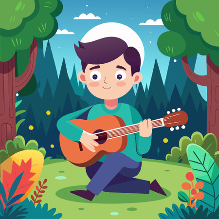 Cute Man Playing Guitar in a Serene Forest Cartoon Vector Illustrationのイラスト素材