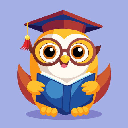 Owl in Graduation Cap Enjoys Reading Book with Eyeglassesのイラスト素材