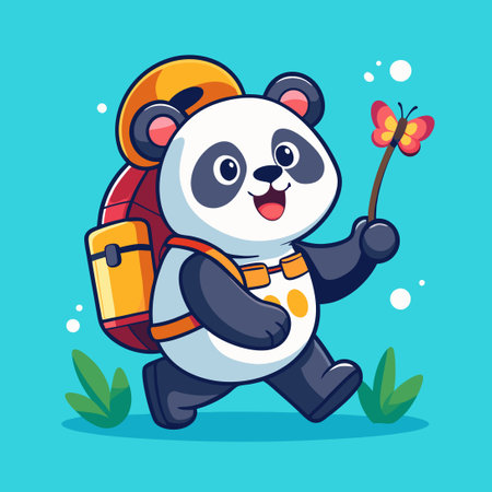 Adorable Panda Backpacker Enjoys Moment with Nature's Butterfly Friendのイラスト素材