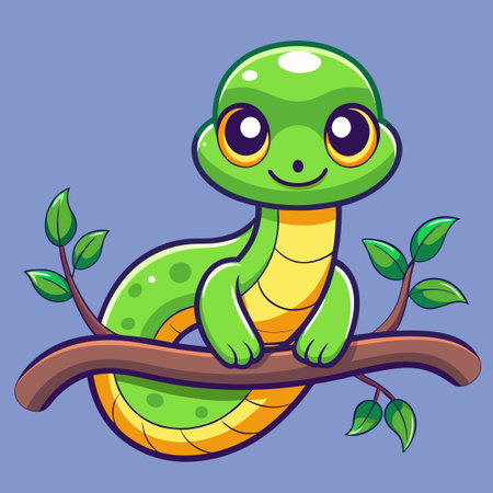 Cartoon Illustration of a Cute Snake Perched on a Tree Branchのイラスト素材