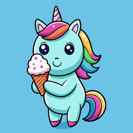 Adorable Unicorn Cartoon Holding a Scrumptious Ice Cream Coneのイラスト素材