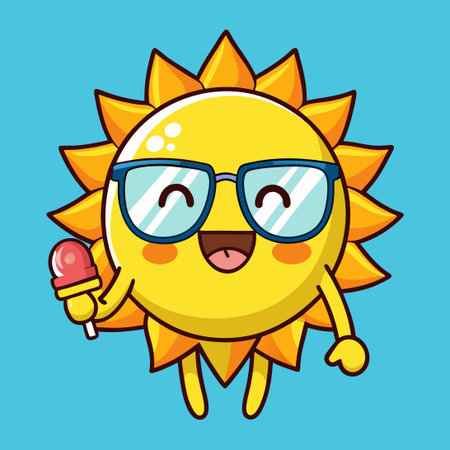 Adorable Sun Cartoon Munching on Ice Cream with Shadesのイラスト素材
