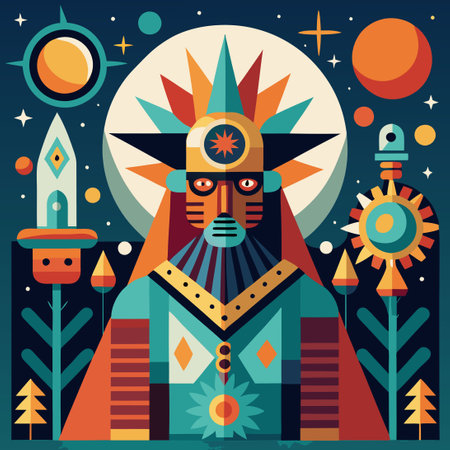 Celestial Harmony: Modern Abstract Depiction of Cosmic Deities in Sun and Moonのイラスト素材