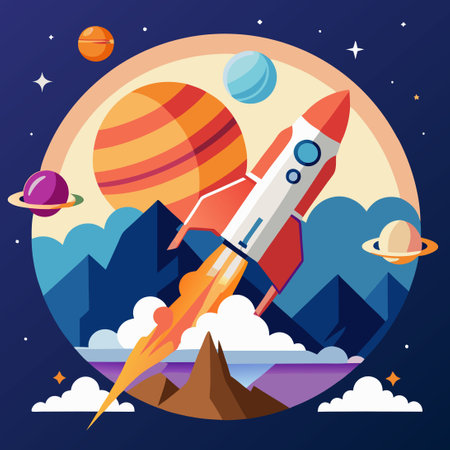 Majestic Space Shuttle Launches with Breathtaking Planet and Mountain Backdropのイラスト素材