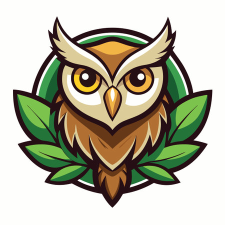 Majestic Owl with Lush Green Leaf Mascot Cartoon Designのイラスト素材