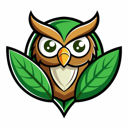 Lively Vector Logo Illustration of an Owl with a Leaf Mascot Cartoon Characterのイラスト素材