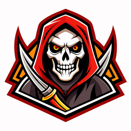 Skull Reaper Mascot Cartoon Vector Logo Illustration with Detailed Featuresのイラスト素材