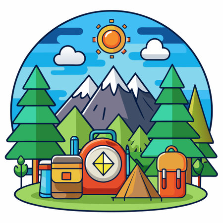 Cartoon Illustration of Camping and Hiking Gearのイラスト素材