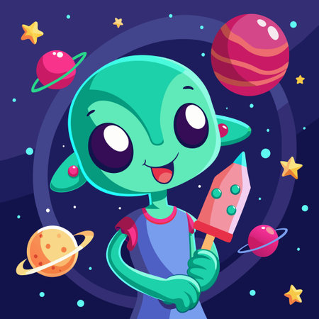 Adorable Alien Savors a Galactic Freeze: Cute Cartoon Space Popsicle Indulgence
