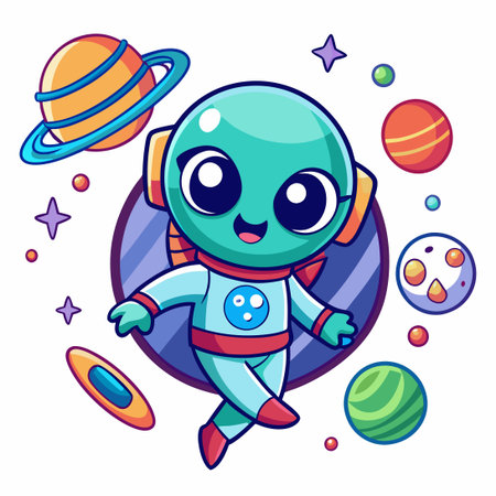 Adorable Alien Astronaut Soaring Through the Cosmic Vastness in Cartoon Styleのイラスト素材