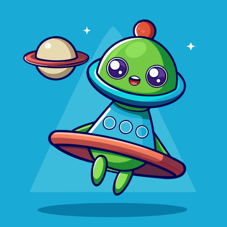 Adorable Alien Soaring through the Air with UFO Companion in Cartoon Styleのイラスト素材