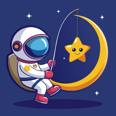 Cute Cartoon Astronaut Fishing for a Star on the Moonのイラスト素材