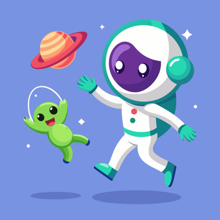 Cute Cartoon Astronaut Capturing a Mischievous Alienのイラスト素材