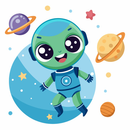 Cute Alien Astronaut Floating Gracefully in the Vastness of Spaceのイラスト素材