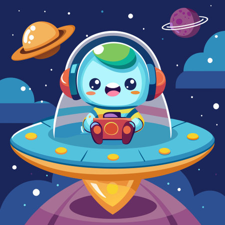 Adorable Astronaut Gaming with Headphones in a UFO Spaceship