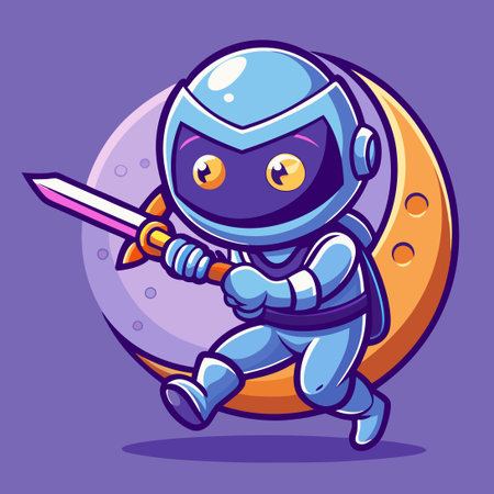 Adorable Astronaut Ninja Slashing the Moon with a Sword in Cartoon Styleのイラスト素材