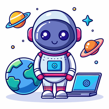Adventure of a Cute Astronaut Emerging from Laptop Screen in Cartoon Styleのイラスト素材