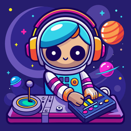 Adorable Astronaut Spins Tunes as a Cosmic Disc Jockeyのイラスト素材