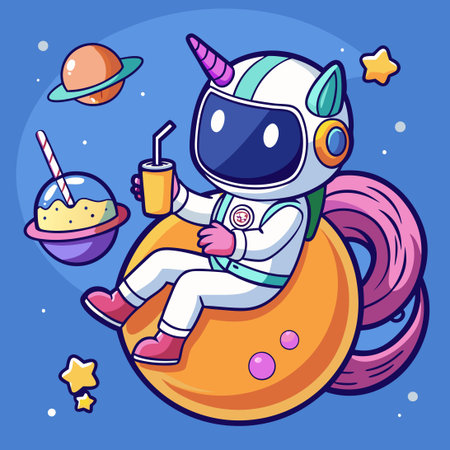 Cute Astronaut Soaring Gracefully on a Unicorn Balloon Among Starsのイラスト素材