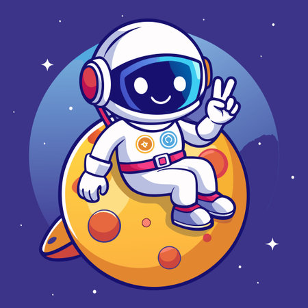 Adorable Blue Astronaut Sitting on a Moon Cart and Giving the Peace Signのイラスト素材