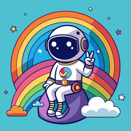 Cheerful Space Explorer Posing with a Rainbow and Peace Gestureのイラスト素材