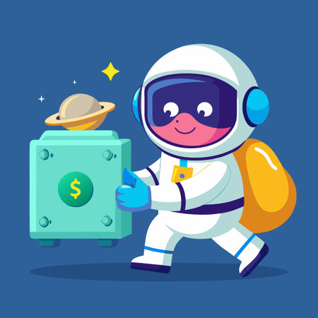 Adorable Astronaut Stashing Cash in Safe Deposit Box for Safekeepingのイラスト素材