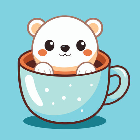Adorable Baby Polar Bear Cuddling in a Warm Coffee Cupのイラスト素材