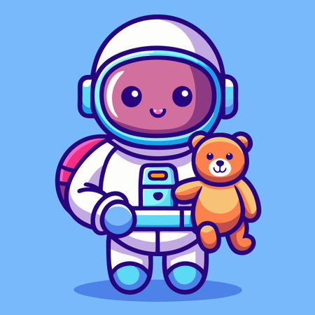 Adorable Astronaut Cuddling with a Teddy Bear in Spaceのイラスト素材