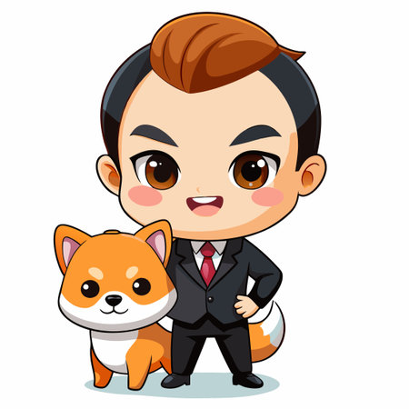 Baby Boss Embracing an Adorable Shiba Inu Dog in Cartoon Styleのイラスト素材