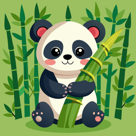 Adorable Baby Panda Embracing Bamboo in a Cartoon Vector Illustrationのイラスト素材