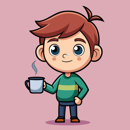 Adorable Cartoon Boy Holding a Steaming Cup of Coffeeのイラスト素材