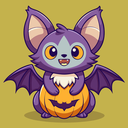 Halloween-Themed Cartoon Icon Featuring an Adorable Bat Perched on a Pumpkinのイラスト素材