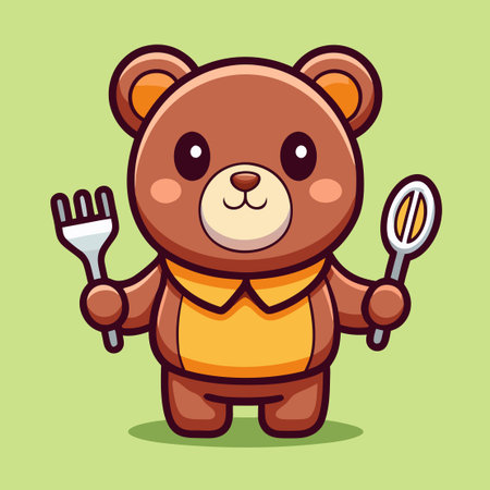 Adorable Bear Cartoon Holding Utensils for Mealtimeのイラスト素材