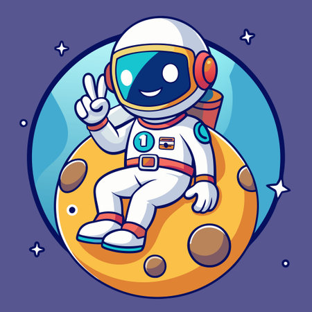 Adorable Astronaut Chilling on Moon Cart with Peace Signのイラスト素材