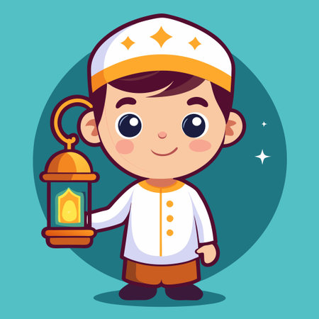 Adorable Muslim Boy Holding Lantern and Quran in Cartoon Styleのイラスト素材