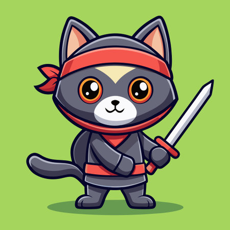 Adorable Cartoon Vector Icon of a Cute Cat Ninja Wielding a Swordのイラスト素材