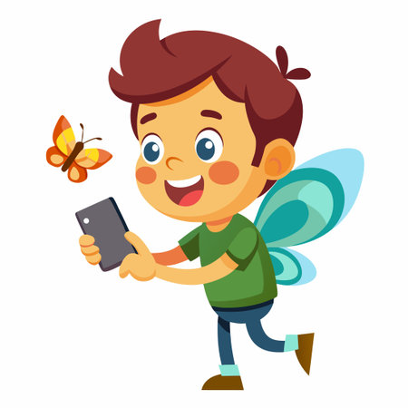 Cute Boy Captures a Butterfly's Beauty with His Smartphoneのイラスト素材