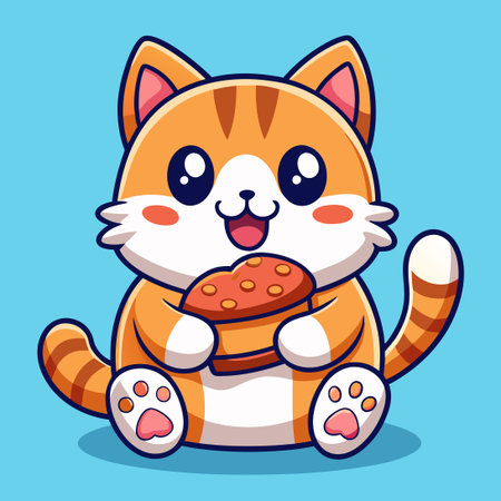 Adorable Cartoon Cat in a Delighted Expression Munching on Breadのイラスト素材