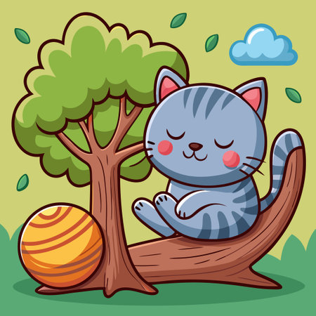 Adorable Kitty Snoozing on a Tree Branch with Playful Yarn Ballのイラスト素材