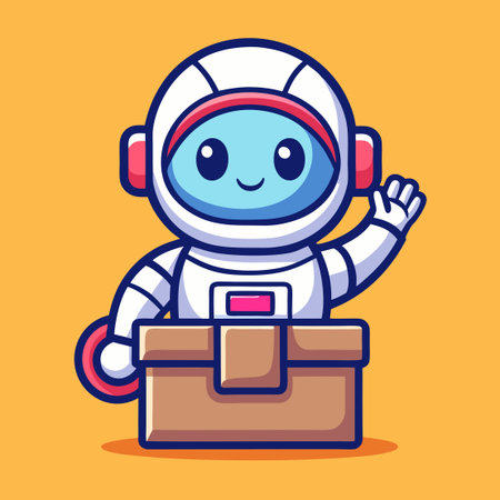 Cheerful Cartoon Astronaut Waving Enthusiastically in Confined Spaceのイラスト素材