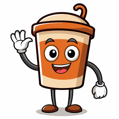 Waving Coffee Cup with a Heartwarming Smile: Cartoon Vector Iconのイラスト素材
