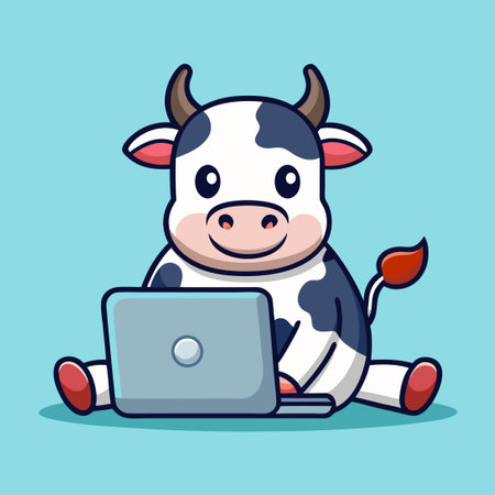 Adorable Cow Toiling Diligently on Laptop with Cartoonish Styleのイラスト素材