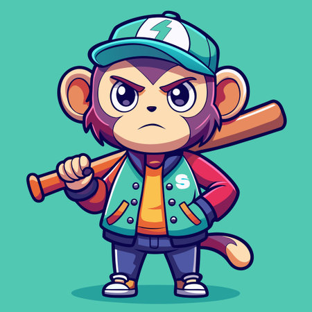 Adorable Monkey in Stylish Jacket Sporting a Baseball Bat