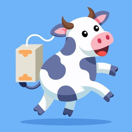 Cartoon Vector Illustration of an Adorable Cow Running with a Jug of Freshly Squeezed Milkのイラスト素材